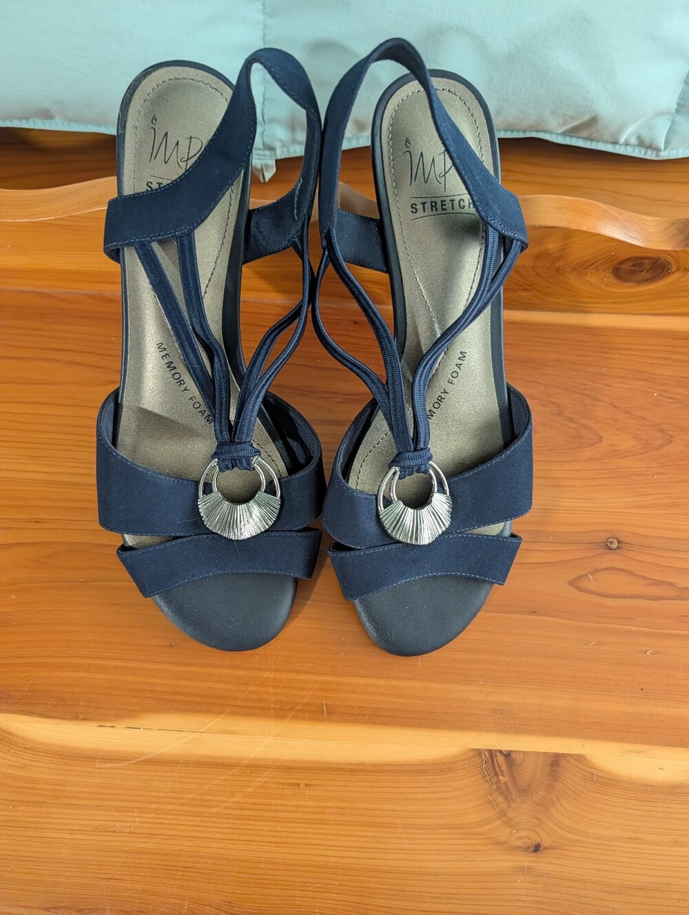 Impo Navy Strappy Heels with Silver Ring Accent